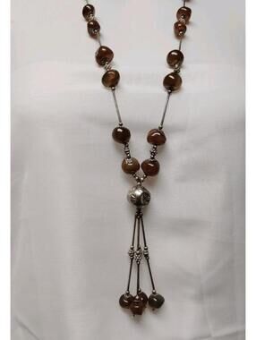 Unique Vintage Agate Y Drop Tassel Silver Tone Boho Necklace